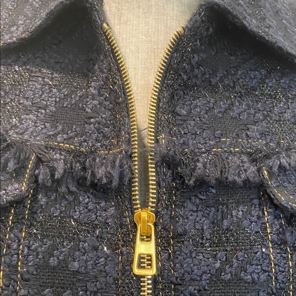 Tory Burch Black Bouclé Tweed Blazer Zip Lady Like Size 12 Fringe Detail Jacket - Picture 13 of 15